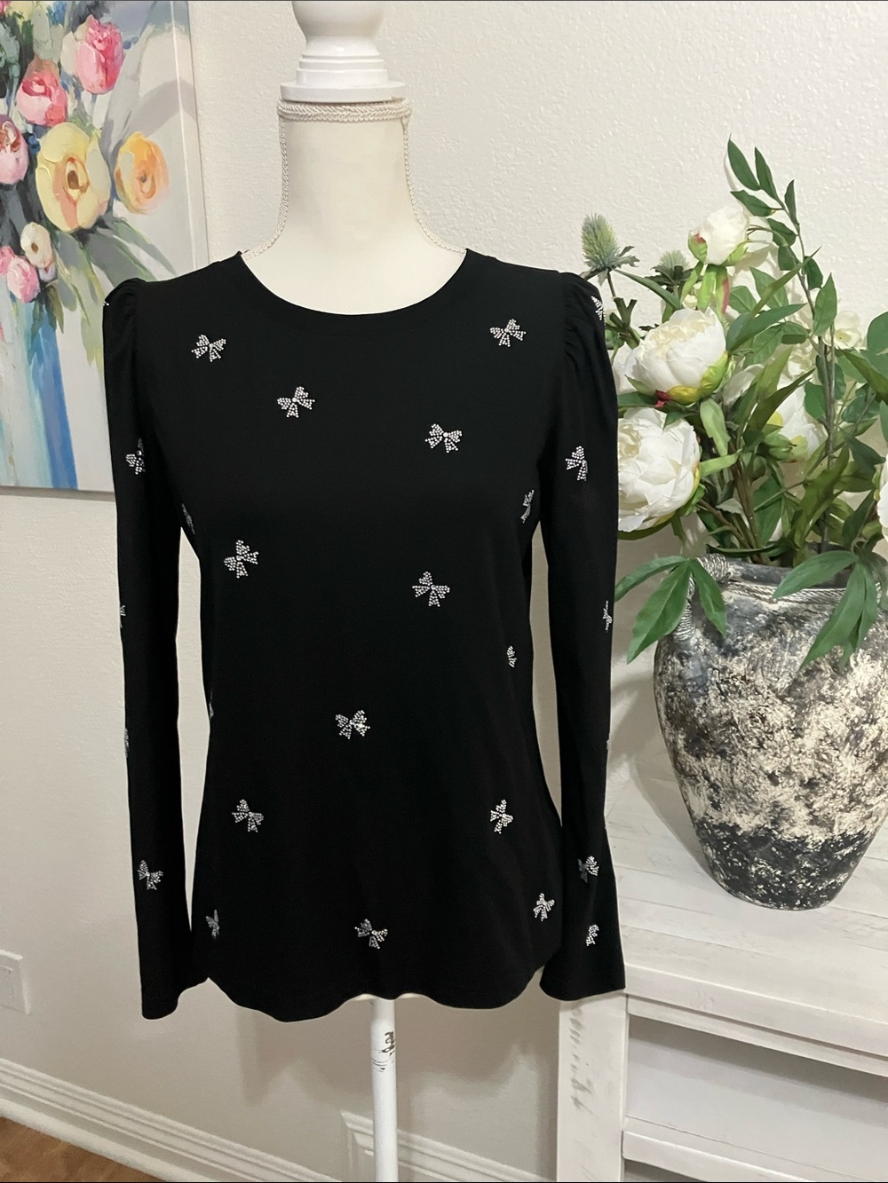 Black Long-Sleeve Embellished Crewneck Top